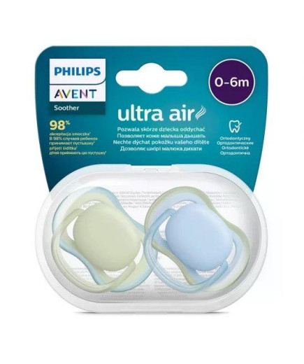 Комплект от 2 бр. ортодонтични залъгалки Philips AVENT SCF085/21 Ultra Air 0-6м, синьо и зелено, в кутия за стерилизиране