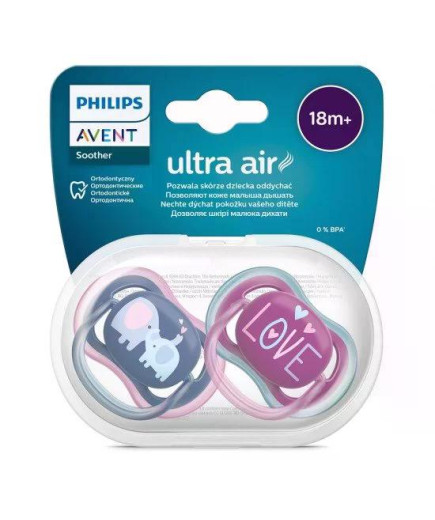 Комплект от 2 бр. ортодонтични залъгалки Philips AVENT SCF349/22 Ultra Air 18м+, синя с декор Слонове и розова с надпис Love, в 
