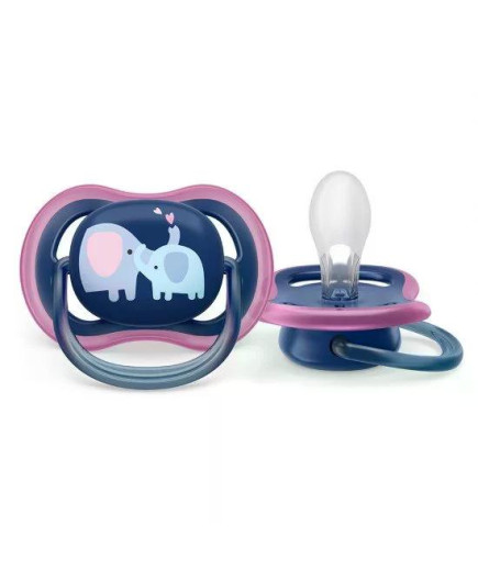 Комплект от 2 бр. ортодонтични залъгалки Philips AVENT SCF349/22 Ultra Air 18м+, синя с декор Слонове и розова с надпис Love, в 