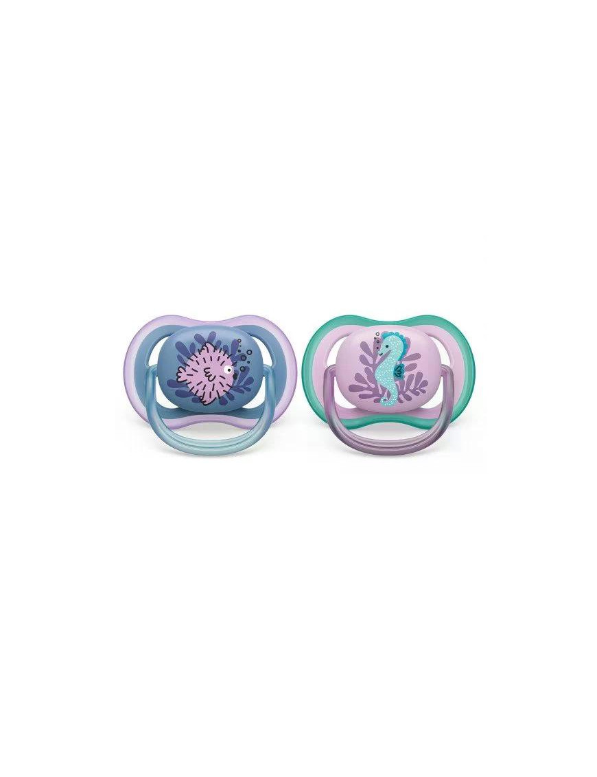 Комплект от 2 бр. ортодонтични залъгалки Philips AVENT SCF085/61 Ultra Air 6-18м, с декор Риба и Морско конче, в кутия за стерил