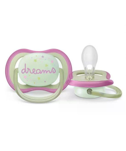 2 бр. светещи в тъмното ортодонтични залъгалки Philips Avent Ultra Air Night 0-6м с декорация Пеперуда и надпис Dreams, в кутия 