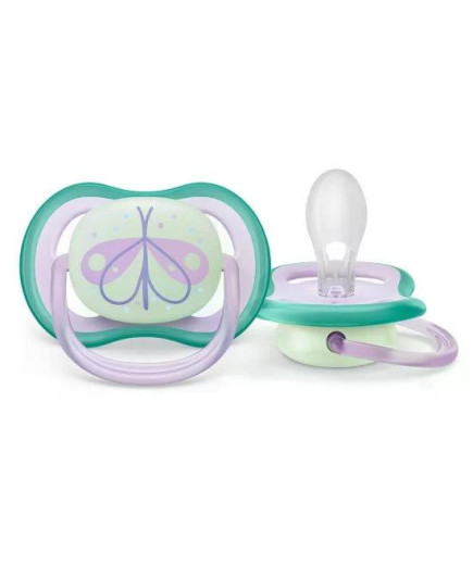 2 бр. светещи в тъмното ортодонтични залъгалки Philips Avent Ultra Air Night 0-6м с декорация Пеперуда и надпис Dreams, в кутия 