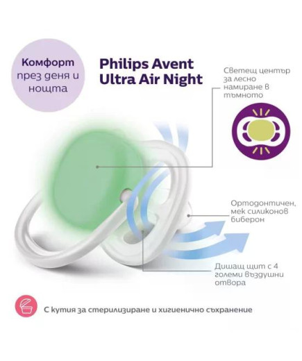 2 бр. светещи в тъмното ортодонтични залъгалки Philips Avent Ultra Air Night 0-6м с декорация Пеперуда и надпис Dreams, в кутия 