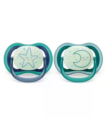 2 бр. светещи в тъмното ортодонтични залъгалки Philips Avent Ultra Air Night 6-18м, сини с декорация Звезда и Луна, в кутия за с