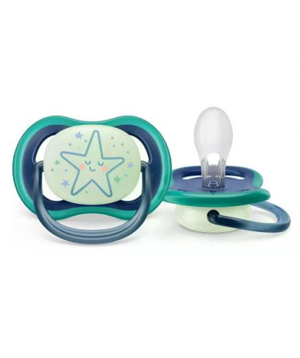 2 бр. светещи в тъмното ортодонтични залъгалки Philips Avent Ultra Air Night 6-18м, сини с декорация Звезда и Луна, в кутия за с