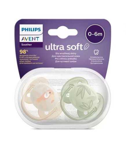 Комплект от 2 бр. ортодонтични залъгалки Philips AVENT SCF091/07 Ultra Soft 0-6м, синя с декорация Тукан и Листа, в кутия за сте