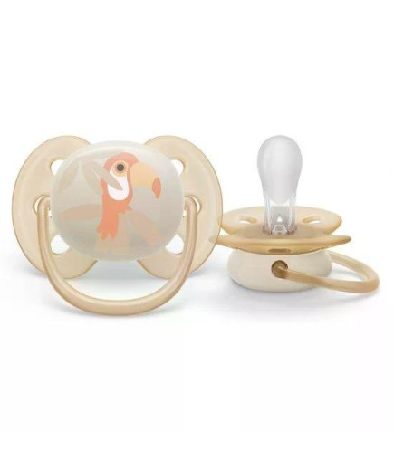 Комплект от 2 бр. ортодонтични залъгалки Philips AVENT SCF091/07 Ultra Soft 0-6м, синя с декорация Тукан и Листа, в кутия за сте