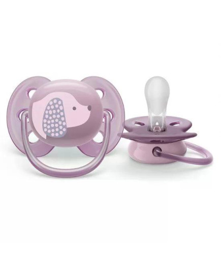 Комплект от 2 бр. ортодонтични залъгалки Philips AVENT SCF091/18 Ultra Soft 6-18м, с декорация Куче и Цвете, в кутия за стерилиз