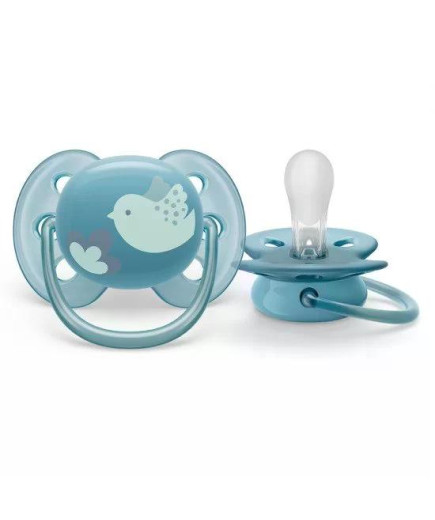 Комплект от 2 бр. ортодонтични залъгалки Philips AVENT SCF091/15 Ultra Soft 6-18м, сини с декорация Пиле и Перо, в кутия за стер