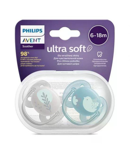 Комплект от 2 бр. ортодонтични залъгалки Philips AVENT SCF091/15 Ultra Soft 6-18м, сини с декорация Пиле и Перо, в кутия за стер