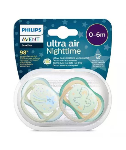 Комплект 2 бр. светещи в тъмното ортодонтични залъгалки Philips Avent SCF0376/18 Ultra Air Night 0-6м с декорация Звезда и Сова,