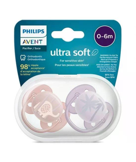 Комплект от 2 бр. ортодонтични залъгалки Philips AVENT SCF091/09 Ultra Soft 0-6м, с декорация Слонче и Палми, в кутия за стерили