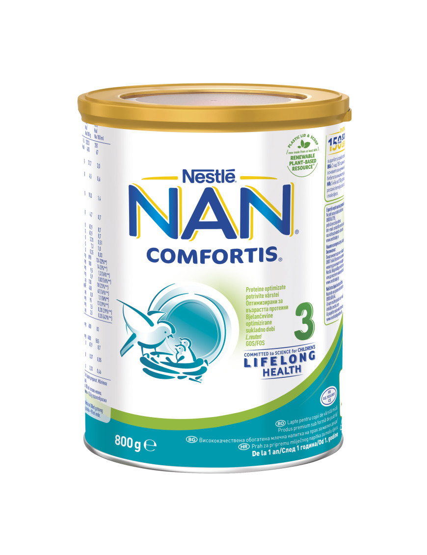 Nestlé® NAN ® Comfortis 3,  след 12-тия месец, Висококачественa обогатенa млечна напитка на прах, 800g, метална кутия